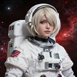 highly detailed portrait of a hopeful pretty astronaut lady with a wavy blonde hair, by Anton Pieck, 4k resolution, nier:automata inspired, bravely default inspired, vibrant but dreary but upflifting red, black and white color scheme!!! ((Space nebula background))