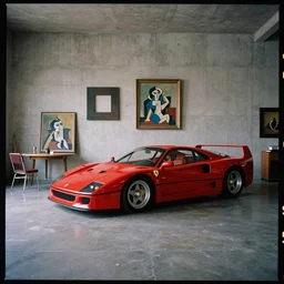 kodak portra 4 0 0, 8 k, wide flashlight shot of a highly detailed, britt marling style, award winning colour still - life portrait of a ferrari f 4 0 in a large minimalistic room with rough concrete walls, a picasso painting, a square wall picture is leaning on the wall, a 1 9 5 0 s table, a 1 9 5 0 s chair, some paintings