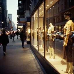 first - person perspective looking on a 1 8 0 degree angle parallel to a store window with mannequins near a bustling sidewalk with pedestrains and busy street with automobiles in 1 9 7 0's new york city at night, warm glow of light emits from store, reflection of traffic in store window, color photo, vintage film artifacts,