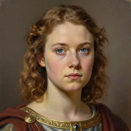 a greta thunberg with short wavy curly light brown hair and blue eyes, a space empress in byzantine style. beautiful highly detailed face, painting by ilya kuvshinov