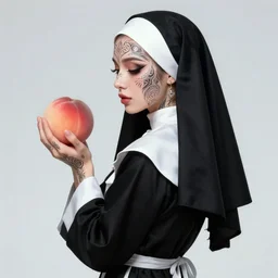 Beautiful nun holding a peach, seen from the back, intricate patterned face tatoos, digital art by WLOP and Artgerm