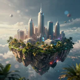 futuristic City on top of a floating tropical island, dynamic lighting, volumetric, bokeh, cinematic, establishing shot, extremly high detail, photo realistic, cinematic lighting, post processed, concept art, artstation, matte painting, style by eddie mendoza, raphael lacoste, alex ross