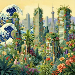 a post-modern city intertwined with a great diversity of flora, built off of plants and with various floral arrangements, greg rutkowski, thomas kinkade, andrei riabovitichev, hokusai, vladimir kush, michal karcz, trending on artstation