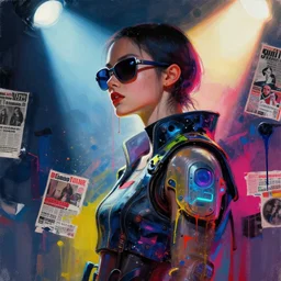 a cyberpunk girl wearing sunglasses, side portrait, passionate, spotlight, paint drips, textiles, paint splatter, vibrant colors, dramatic, brush strokes, collage, magazine clippings, futuristic clothing, digital painting, by marco paludet, by jeremy mann, by hannah hoch