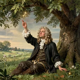 issac newton discovering gravity while sitting under a tree ,realistic