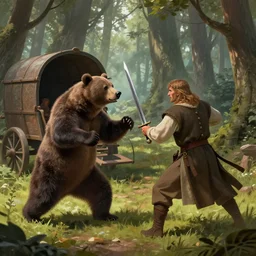 medieval fight between a bear an a gipsy man with a sword. in the sherwood forest. trending on artstation, craig mullins, rutkowski. merchant wagon