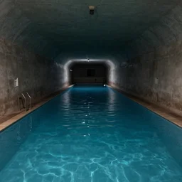 a long, dimly lit tunnel, filled with water like a swimming pool, moody