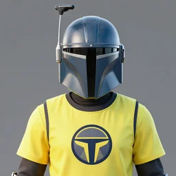 awardwinning portrait photo of a mando, logo, helmet, dev company, 3 d render, crisp, 8 k, fluorescent colors, insanely integrate, nikon photography