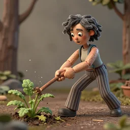a stopmotion animation character, a beautiful canadian woman, pulling weeds out frantically, some grey hair, stripey pants, octane render, 8 k, kubo and the two strings, german expressionism