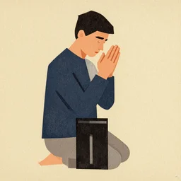 painterly textured simplified woodblock print, image of a man praying, full body portrait, film grain 1 9 6 0 s art low poly character painterly design