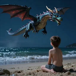 a kid looking at a radioactive dragon flying over the beach, night time, cinematic perspective, au naturel, hyper detailed, digital art, trending in artstation, cinematic lighting, studio quality, smooth render, unreal engine 5 rendered, octane rendered, by sergey grechanyuk