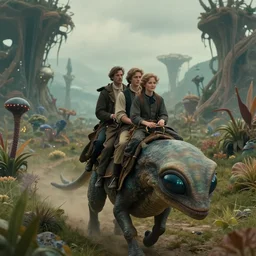 sharp, highly detailed, film from a 2 0 1 9 sci fi 8 k movie, set in 1 8 6 0, of a family riding on the back of an alien creature, across an alien landscape, full of strange wild alien plants, 1 8 6 0 s era clothes, atmospheric lighting, in focus, reflective eyes, 3 5 mm macro lens, live action, nice composition