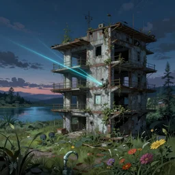 a beautiful detailed painting of building urbex abandoned unfinished building patios and deck by antoine predock, steampunk lightpaint anime laser at night flowers at dusk hyperrealism meadow nightvision lake alien dramatic lighting at dawn landscape retrowave, archdaily, wallpaper, highly detailed, trending on artstation.