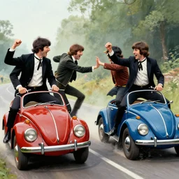 the beatles band members riding beetles into a fight, fantasy art