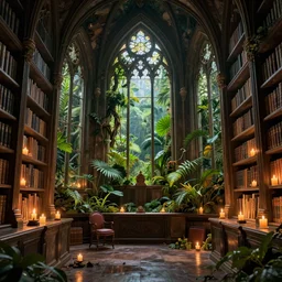decaying interior of an ( ( old library ) ) with a rainforest growing inside, highly detailed, mystical cathedral windows, glowing candles, intricate detail, beautiful 3 d rendering, octane render, hyperrealistic, trending on artstation