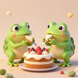 two frogs partying and eating cake, cartoon, artstation, cgsociety, 3d render, ambient lighting