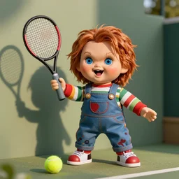 cute little screaming chucky doll playing tennis