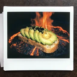polaroid picture of avocado toast, hell, fire, lava, magma, horror, side view, saturated