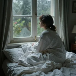 on a rainy day, someone sits in bed, curled up under the covers, looking out the window, cinematic, artstation, extremely detailed, intricate, cinematic lighting, art by pierre - auguste renoir