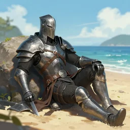 a steel inquisitor from the series mistborn, relaxing on a beach, style of artstation and deviantart.