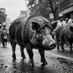 a wet plate photo of huge dark pig in a parade