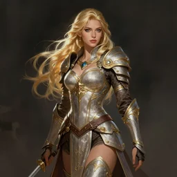 A blonde warrior, beautiful and realistic face, sexy look, illustration, full body, in the style of Fernando Juarez, epic, fantasy, intricate, elegant, amazing detail, digital painting, artstation, concept art, smooth, sharp focus, illustration