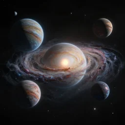 realistic galaxy of planets in space, sci - fi concept art by david edwards and moebius and craig mullins, volumetric light, atmospheric lighting, dramatic, cinematic, moody, octane render 4 k, 8 k
