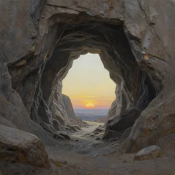 highly detailed cinematic cave entrance in a scifi landscape by feng zhu, wayne barlowe, perfect geometry, hyper - detailed, sharp, beautiful, desaturated, beautiful lighting, oil on canvas, sunset