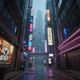 Close wide angle shot of a matte painting environment design of future city alley with neon lights and advertisements, artstation, ultra realistic, volumetric lighting, 8k, unreal engine, octane render, art by Artgerm and Greg Rutkowski and Alphonse Mucha and Yoji Shinkawa
