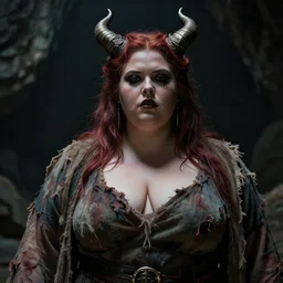 close - up of a full figured woman with devil horns in tattered robes. in a dark cave. dramatic. cinematic. concept art. 4 k, ultra - high - definition