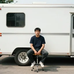 a man sitting on a stool in front of a trailer, an album cover by james baynes, instagram contest winner, neo - romanticism, night, aesthetic, # film, photo taken with ektachrome