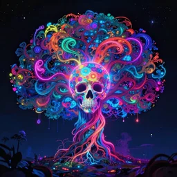 neon psychedelic giant tree of souls, surrounded by enchanted glowing multicolored swirling magic, 8k resolution digital blacklight painting, cinematic lighting, by gilbert williams, artstation trending
