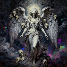 painting of an ominous creepy dramatic bright angel of death with many skulls in dark clouds, full-body portrait, highly detailed, ornate and elegant, rococo, fantasy, traditional art, gothic, abstract art, surrealism, concept art, vaporwave, synthwave, ambient, retro, futurism, pixel sorting, glitch art, on artstation