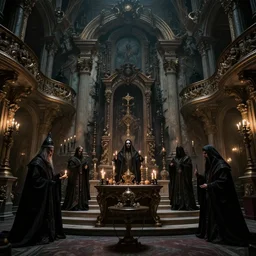 photo of the site of a sacred blasphemous mind-bending ritual, style of Peter Gric, lavish rococo baroque setting, fashion-photography, unholy ceremony, sacrilegious rite, evil, menacing, ominous, threatening, sinister, malevolent. Highly-detailed, photographic, cinematic, dramatic, establishing shot