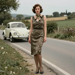a vintage 1 9 2 0 s photorealistic portrait, a beautiful seductive mafia moll poses on the side of a rural road in a mediterranean environment. she is dressed in a 1 9 2 0's style knee - length gown, patterned scarf, silk stockings, and pumps. cinematic lighting, 8 k, a classic vintage porsche is parked in the background