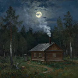 wide scene of a siberian cabin at forest's edge with smoking chimney under moonlight, by ilya repin, full resolution