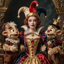 detailed ultrarealistic photography medium shot of fantasy jester queen and furry muppet puppet symmetric, leyendecker, norman rockwell, ian miller, artstation cinematic, vray game of thrones, lord of the rings, star wars