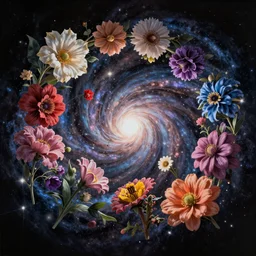 An epic fantastic realism comic book style painting of the most beautiful spiraling entwined flowers launched explosively across the dark spinning galaxy, floating bouquets, fisheye lens, unreal 5, DAZ, hyperrealistic, octane render, dynamic lighting