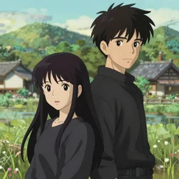 beautiful anime girl with long black hair and bangs, beautiful anime guy with black hair, wearing black clothes, siblings, fine details portrait, japense village in background, bokeh. anime masterpiece by Studio Ghibli. illustration, sharp high-quality anime illustration in style of Ghibli, Ilya Kuvshinov, Artgerm