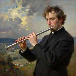 Milos Zeman playing flute painted by Adolph Menzel
