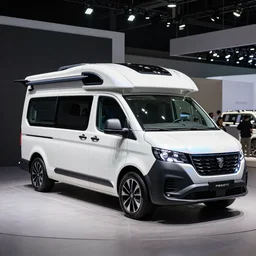 motorshow photo of a futuristic camping van sports vehicle with aerodynamic fins and a generative design structure, box - shaped dark glass and plastic, low rider, peugeot prestige, highly detailed, dragonfly shape, shiny white ceramic tiles, cut roof camper van, iridescent skin