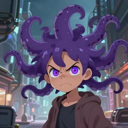 artstation young teen with purple eyes and tentacles on her head in fury, very detailed, in glass town, upward view