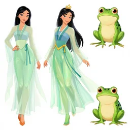 Character concept fashion spot illustrations of Disney's Mulan and Frog Prince crossover, colorful, full-body, bloom, dynamic poses, diaphanous cloth, intricate crystalline and feather jewelry, ornate, filigree, arcane, cinematic lighting, by Artgerm, by Alphonse Mucha, by Bouguereau, by Sakimichan, fantasy, portfolio illustration, highly detailed, trending on Artstation, CGsociety, HQ, 8k, 35mm lens, f2.8, Bokeh,