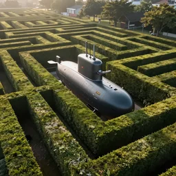 drone footage of a submarine navigating a hedge maze