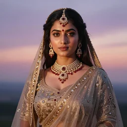 portrait photography of indian goddess of the dawn, beautiful woman, elegant, celebration costume, jewellery, highly detailed, hyper realistic, dramatic sky, dawn, pastel, deep gaze, pretty face, glowing, in the style of caroline mackintosh