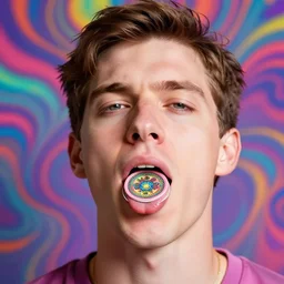 a colorfukl vibrant closeup portrait of a simple man licking a tab of LSD acid on his tongue and dreaming psychedelic hallucinations, by kawase hasui, moebius, Edward Hopper and James Gilleard, Zdzislaw Beksinski, Steven Outram colorful flat surreal design, pink floyd, hd, 8k, artstation