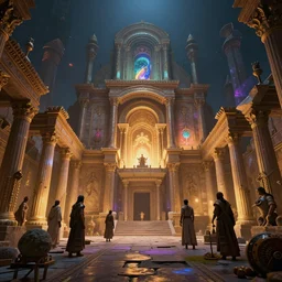 a low angle of the ancient city of atlantis with inhabitants, in the style of lebbeus woods, ultra realistic, atmosphere glow, detailed intricate, colorful, cinematic lighting, unreal engine, god lighting