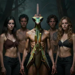 a symmetrical matte portrait of praying mantis fitness model with a tribal mask, cinematic atmospheric lighting, by dave dorman hieronymus bosch, cyril rolando, esher and natalie shau, whimsical, profound, impossible, dark, atmospheric, brooding, painted, intricate. trending on devaintart