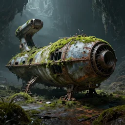 derelict spaceship on an alien world, hyper detailed, overgrown with moss, rusty metal, cinematic lighting