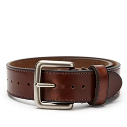mid-century leather belt, high detail macro photography, isolated on a pure white background, centered, entire object in frame, sharp focus, soft studio lighting